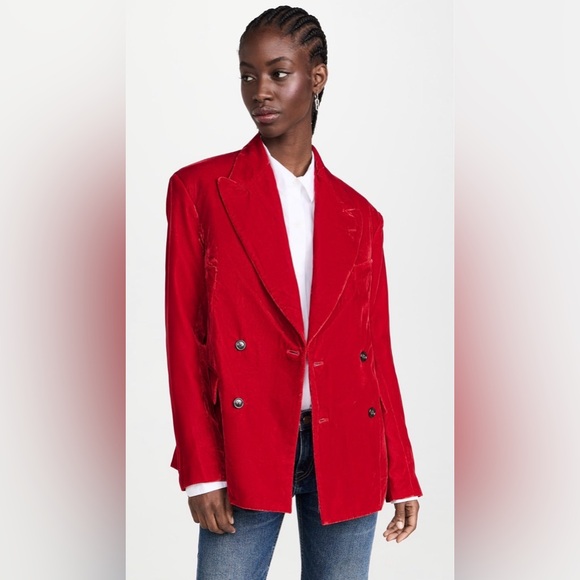 R13 DB Peak Lapel Ragged Blazer, Red Velvet - Picture 3 of 17